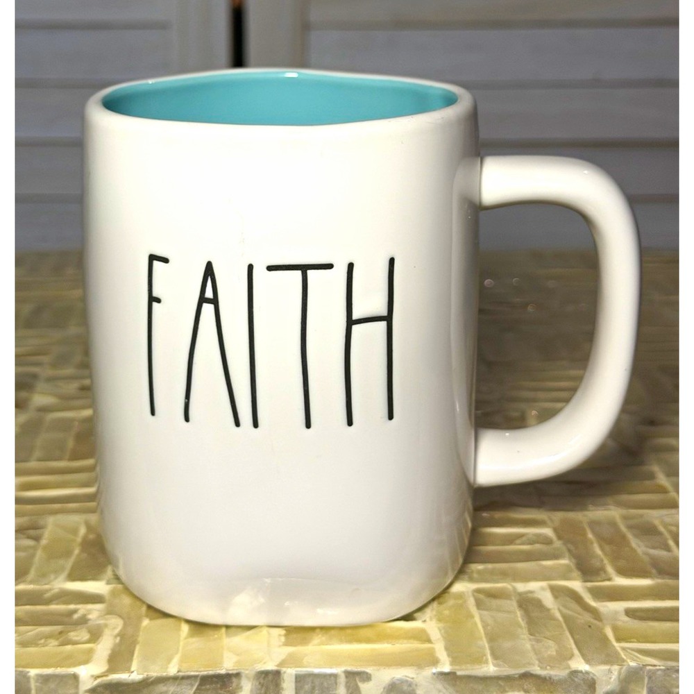 Rae Dunn Artisan Collection FAITH 16 oz White Ceramic Coffee Mug Blue Interior